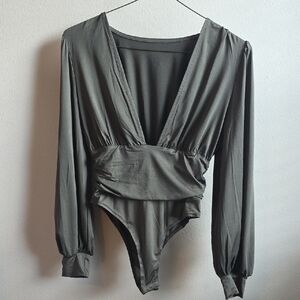 Bodysuit Deep V Long Sleeve Fitted Green Large
